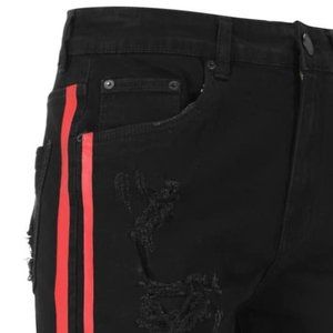 BLACK/RED Distressed Denim Shorts